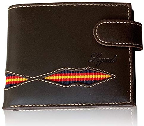 LEGADO Cartera Hombre Marrón Piel tratada con Bandera España (Marrón Horizontal Vox con Broche)