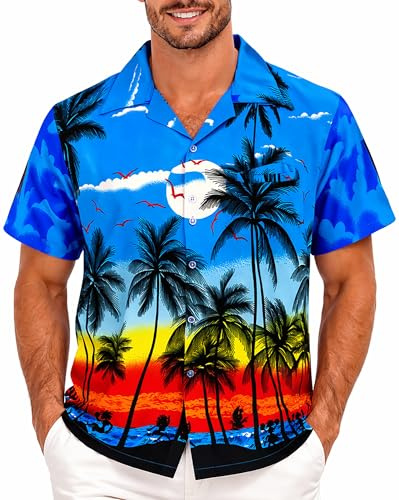 King Kameha Hawaiihemd Herren Kurzarm - Grünes Hawaii Hemd Männer Strand - Hemd Herren Kurzarm Hawaii Outfit - Hawaiian Shirts for Men - Beach, Blue, M