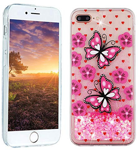HopMore Silikon Glitzer Hülle für iPhone 7 Plus/iPhone 8 Plus Flüssig Transparent 3D Muster Schutzhülle Durchsichtig Handyhülle Silikonhülle Stoßfest Gummi Glitter Cover - Pink Schmetterling