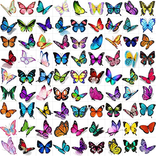 LAROI 81 Stück 3D Bunt Schmetterling Temporäre Tattoos Frauen Klebetattoos Erwachsene, 3D Schmetterling Tattoos Zum Aufkleben Damen, Klebe Fake Tattoo Realistisch Aquarell Schmetterling Tattoos Kinder