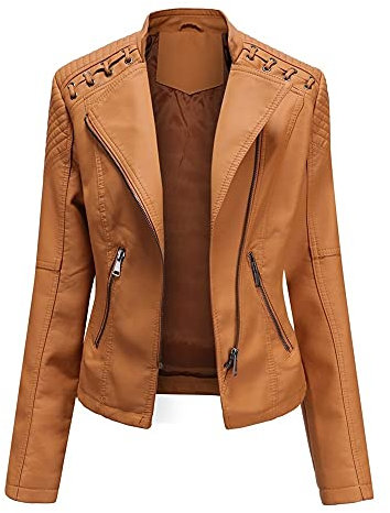 Yynuda, Giacca da motociclista da donna in ecopelle, elegante, con cerniera, classica, corta, Marrone, M