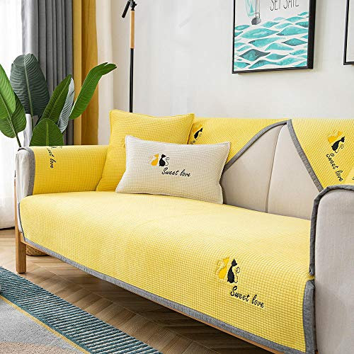 Ledersofa Sofa Abdeckung,Sectional Sofa Möbel Protektor,Katzenstickerei Sofasitzbezug für Haustiere,Hunde,universelle Sofakissenbezüge aus Maissamt,rutschfester Sofaschoner für Ledercouch-Gelb_90 *