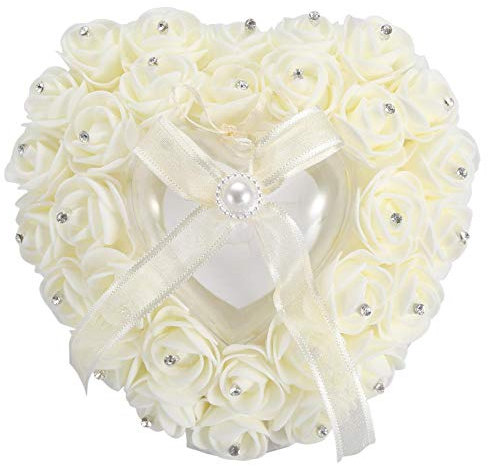 Nikou Ringkissen, Hochzeitsringkissen Tragbare Romantische Herzförmige Eheringbox Rose Strass Dekor Weiches Ringkissen Kissen, Accessoires für Hochzeit (Beige)