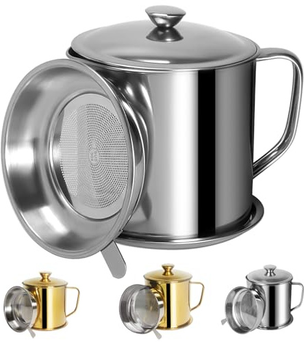 Contenitore per grasso per pancetta con colino, 1,3 l l in acciaio inox con coperchio e manico facile da impugnare, adatto per conservare olio e grasso da cucina