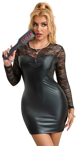 ohmydear Lederkleid Damen Elegant Latex Kleider Wetlook Dessous Frauen Lack und Leder Outfit Damen Rundhals Clubwear Große Größen Partykleid mit Reißverschluss
