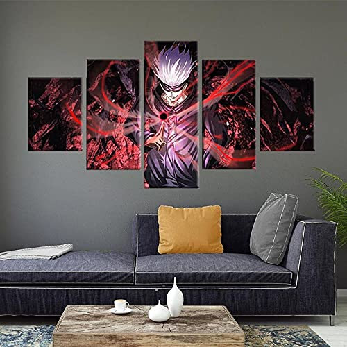 Wondbeau Leinwanddrucke Modulare Wandkunst Wandaufkleber 5 Teiliges Wandbild Druck auf Leinwand Malerei Moderne Abstrakte Poster Mit Rahmen M/100cm×50cm Jujutsu Kaisen Anime,Gojo Satoru