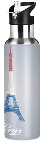 Vnurnrn Paris Jolie Tour Eiffel France Bouteille d'eau Isotherme avec Paille en Acier Inoxydable Gourde 600ML, Sans Bpa Gourdes Eau pour Enfant Sport Randonnée École Bureau