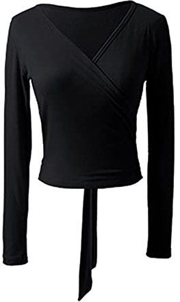 inhzoy Damen Ballett Wickeljacke Langarm Wärme V-Ausschnitt Bolero Jäckchen Oberteil Tanz Gymnastik Training Yoga Tops A_Schwarz S