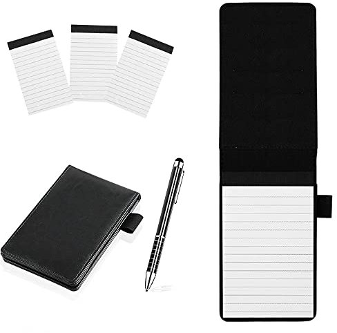 WACH AUF Mini Notizblock A7 Set, Pu Leder Notizbuch Mini Notizblock mit 3 Stück Ersatz-Notizblöcken, Notizblock Klein mit Stift, Taschennotizblock für AktivitäTen im Freien(Schwarz)