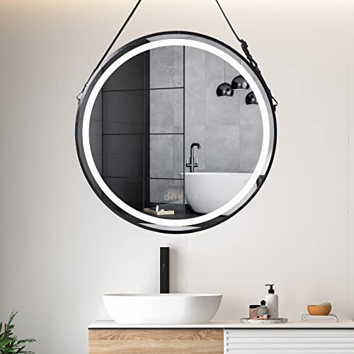 LUVODI Espejo Baño Redondo Negro 80x80 cm con Luz Led Marco Alumnio y Cuerda Espelho Pared Banho Decorativo Industrial Antivaho, 3 Colores de Luz Regulable, Función Memoria, IP44, Ahorra Energía, CE