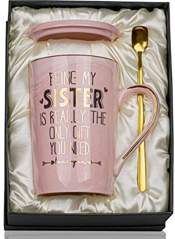 Doublewhale Sister Birthday Gifts Sisters Gifts 14OZ Pink Ceramic Coffee Cup with Spoon, Lid, Greeting Card, Present Box-Gift for Sisters from Brother on Her Birthday Gift for Soul Sister