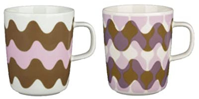 Marimekko - Becher, Henkelbecher - Oiva Lokki Pergola - Steingut - Farbe: White-Pale Pink-Brown - (HxØ) 9,5 x 8 cm - 2er Set