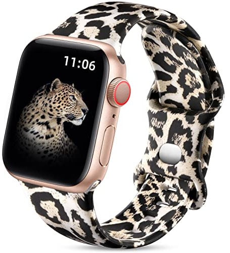 Upeak Doppelseitiges Blumenarmband Kompatibel mit Apple Watch Armband 38mm 40mm 41mm 42mm(Series 10), Silikon Armbänder für iWatch 10/9/8/7/6/5/4/3/SE, 38 40 41 42mm(Series 10)-S/M, Leopard