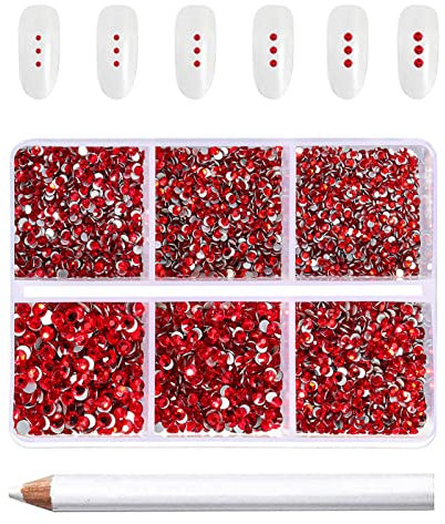 Beadsland 7200pcs Flatback Strasssteine für Nagel,Rote Strasssteine Kristall Runde Edelsteine für Kunsthandwerk,gemischt 6 Größen mit Wachsmalstift Kit,SS3-SS10,Helles Rot