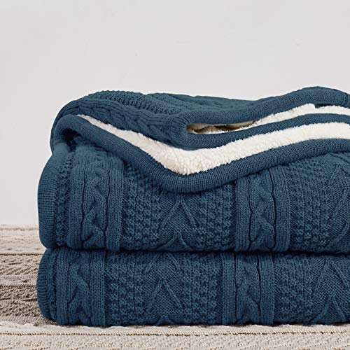 Longhui bedding Acrylic Cable Knit Sherpa Throw Blanket - Thick, Soft, Big, Cozy Grey Blue Knitted Fleece Blankets for Couch, Sofa, Bed - Large 60 x 80 Inches Gray Blue Coverlet All Season