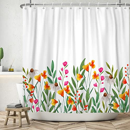 Bovlleetd Fiore Tenda da Doccia 152x183cm Pianta Floreale Acquerello Semplice Elegante Scena Primaverile Decorativo Impermeabile, Lavabile in Poliestere Tende da Bagno con 10 Ganci per Vasca da Bagno