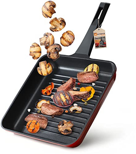 KADAX Grillpfanne, Steakpfanne, Aluminiumguss Pfanne, Bratpfanne mit Antihaftschicht, Griddle Pan für alle Herdarten inkl. Induktion (Rot, 29.5 cm)