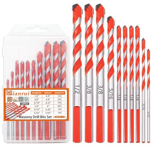 Dianrui Betonbohrer-Set (10 Stück) Steinbohrer-Set für Beton/Glas/Stein/Ziegel/Fliesen/Kunststoff/Keramik und Holz, Größe 5/32-1/2 Zoll Bohrer-Set