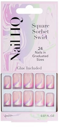 Nail HQ Press On Nails – Square Sorbet Swirl Nails, 24 Durable Glossy Finish False Nails for Salon-Quality Manicure at Home