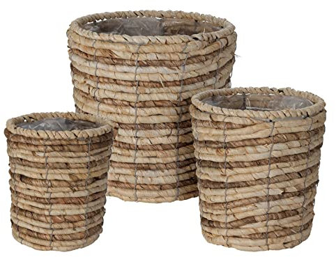 Rebecca Mobili Juego de 3 cestas para macetas, Cesta para Plantas, 3 tamaños, marrón, Paja de maíz, Forrada de plástico, para Exterior Interior, Medidas: 25 x 25 cm de Alto, Art. RE6858