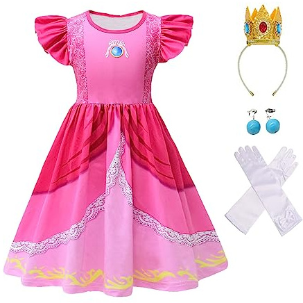 laughZuaia Kleine Mädchen Prinzessin Pfirsich Kostüm Kinder Puff Sleeve Fee Super Bros Kostüm Cosplay Fancy Kleid Outfits Pfirsich Krone Handschuhe (130, peach 2)
