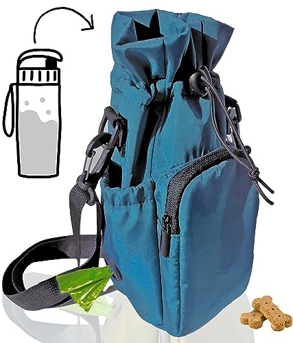 RibbyPup Waterproof Dog Walking Bag With Universal Water Bottle Holder, Built-in Poop Bag Dispenser, Unisex Cross Body Treat Pouch for Walking, Hiking, Training (Deep Teal)