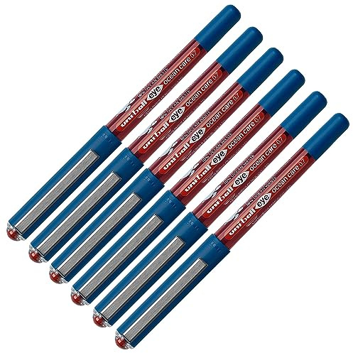 Uni-Ball - Tintenroller Eye Ocean Care Rot 6 Stück | Nachhaltiger Rollerball aus Recyclingmaterial mit dokumentenechter Tinte für Alltag und Büro