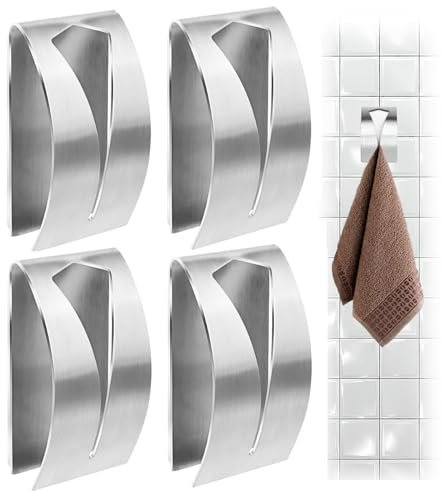 4 Piezas Colgador de Trapos Adhesivo para Cocina, 7.8 × 5cm Ganchos Autoadhesivos de Acero Inoxidable, No Requiere Taladrar, Toallero para Baño, Cocina y Sala de Estar