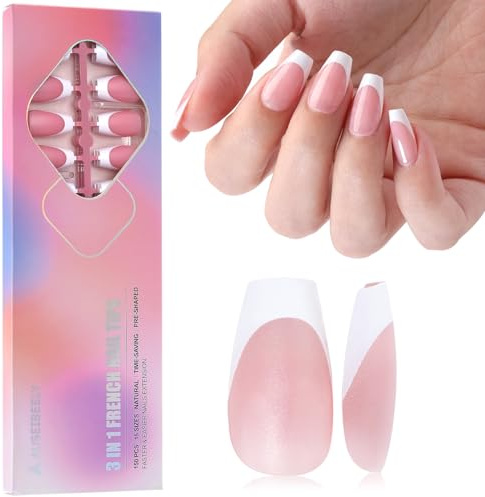 Auseibeely French Gel Nail Tips, 150PCS Short Coffin Press on Nails, 3 in 1 X-coat Soft Gel Nail Tips, Pink French Tip Press on Nails with Pre-applied Tip Primer & Base Coat, 15 Sizes of Nail Art DIY