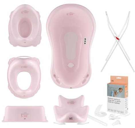 Hylat Baby Komplett-Set: Stabile Babybadewanne mit Thermometer, Gestell, Badesitz und Abfluss, Kinder-Toilettensitz, Babytopf, Kinderschemel - TÜV Rheinland zertifiziert, Rosa