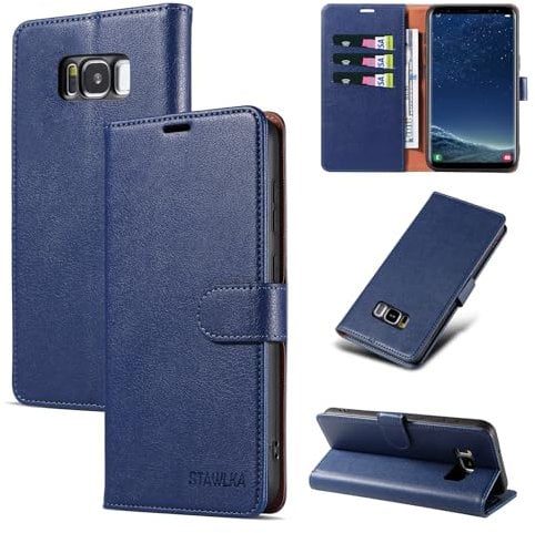 STAWLKA Case for Samsung Galaxy S8, Premium PU Leather Flip Magnetic Buckle Wallet Case Kickstand Blocking RFID Shockproof Protective Phone Cover for Samsung Galaxy S8 - Blue