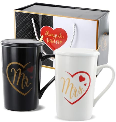 Wisebom Mr & Mrs Tasse à Café en Céramique - Coffret Cadeau Couple Avec Couvercle et Cuillère pour Mariage - Lot de 2 Mugs (400ML)