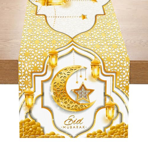 Ramadan Deko Tischläufer, Weiß Gold EID Tischläufer mit Mond Stern Muster, Eid Mubarak Dekoration Tischläufer für Ramadan Tischdekorationen, Umrah Mubarak Dekoration, Eid Dekorationen (183 x 33 cm)