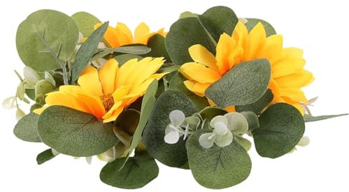 Cabilock Kerzenringe Eukalyptus Kerzenkranz 25CM Sonnenblumen Frühlingskranz Kerzen Kranz Ringe Dekokranz Hochzeit Säule Kerzenhalter für Stumpenkerzen Stabkerzen Tischdeko Blumenkranz