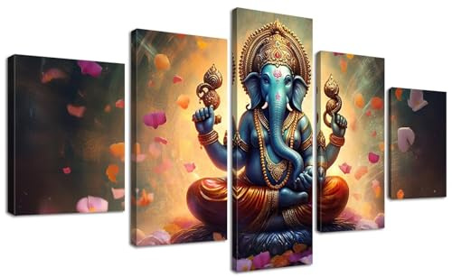 Ganesha indische Wanddekoration, groß, 5 Stück, Lord Hindu-Elefant, Foto, Bild, Leinwanddrucke, Gemälde für Wohnzimmer, Meditationsraum, gerahmte Dekorationen (152,4 x 81,3 cm (B x H)