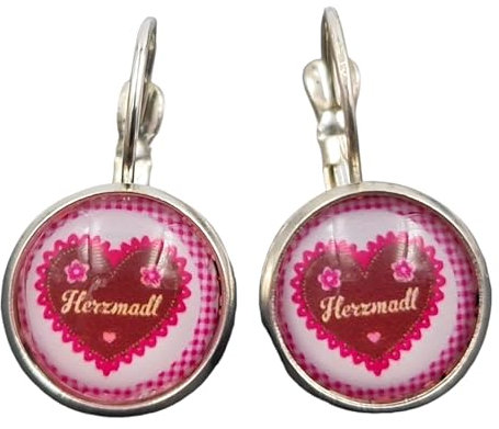 Stechschmuck Ohrringe Ohrhänger Handmade Brisuren Lebkuchenherz Oktoberfest Wiesn Spruch Herzmadl Rosa Silber Farben Damen Kitsch Kawaii 1 Paar Größe Wählbar (Brisuren 12mm)