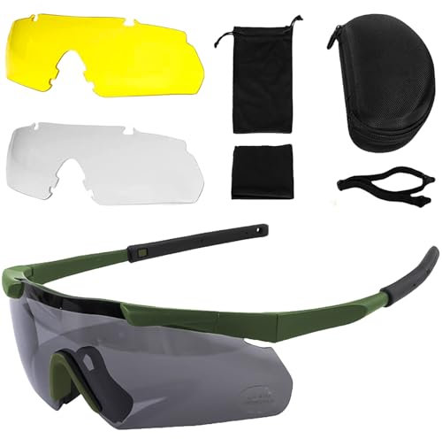 Aicharynic Schießbrille mit 3 Austauschbaren Gläsern, Schutzbrille mit Durchsichtigen Anti-Beschlag & Kratzbeständigen Gläsern Verstellbar Schlagfester Augenschutz laser schutzbrille (Grüne Schläfen)