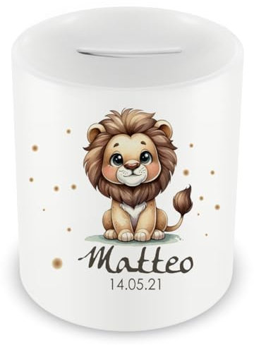 Samunshi® Kinder Spardose mit Namen und Kleiner Löwe als Motiv für Kinder - Jungen und Mädchen Sparschwein 330ml weiß