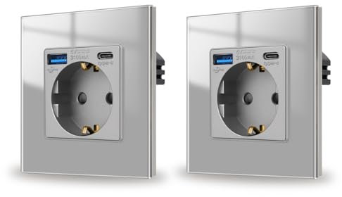 JIMEIDA Pack 2 bases de enchufe con USB 20W gris cristal de empotrar, 1 compartimento Tomas de 16Amp con USB A y Tipo C, 86 * 86mm, 250V
