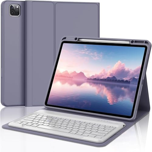 WAVATA Custodia con Tastiera per iPad Pro 12.9 2022/2021/ 2020/2018, Cover con Tastiera per iPad Pro 12.9 6ª/5ª/4ª/3ª, Rimovibile Bluetooth Tastiera per iPad pro 12.9 pollici- Viola Chiaro