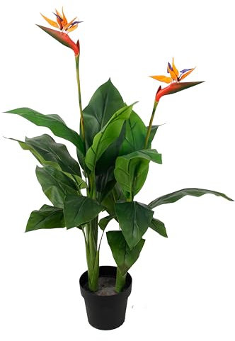 Strelitzie mit Blüte, Paradiesvogelblume, Kunstpflanze, Kunstbaum, künstliche Pflanze, Deko, im schwarzen Topf, sehr realistisch, Grün (120 cm - MN-KP-2210)