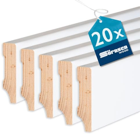 Sörnsen Wood Sockelleiste Kiefer – 16x58x2400 mm, 20 Stück hochwertige Fußleisten mit eckigem Weimarer Profil – weiß RAL 9016 lackiert und damit extra langlebig