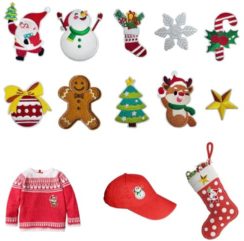 Aufnäher Weihnachten Dekoration, 10 Stück Bestickte Flicken Patches Weihnachten, Weihnachten Weihnachtsmann Applikationen, Aufnäher Kinder Weihnachten, für Rucksäcke Kleidung Jeans
