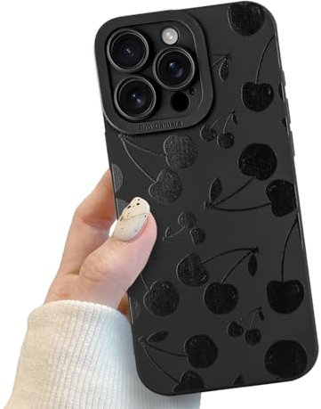 Black Cherry Phone Case for iPhone 16 Pro, Black Cute Cherry Patter for Women Girls, Soft TPU Slim Profile Shockproof Protective Phone Case for iPhone 16 Pro