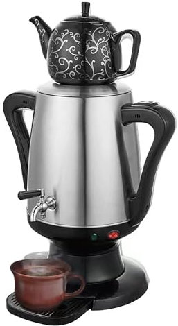 Juego de cafetera turca eléctrica, olla de acero inoxidable de 4 litros y taza de té de cerámica de 1 litro, mango antiquemaduras, hervidor eléctrico, kit de hervidor de té
