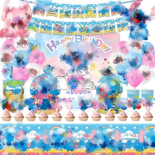 Partygeschirr Geburtstagsdeko,98 Stück Blue Birthday Decorations Party Deko,Blau Geburtstag Deko Geschirr Kit Pappteller,Banner,Servietten,Pappbecher,Tischdecken,Luftballons,Toppers,Hintergrundtuch