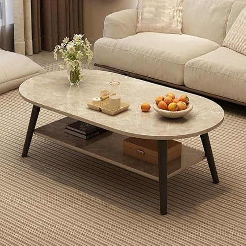 Moderner ovaler Couchtisch mit Ablageregal für Wohnzimmer – Minimalistisches Design – Kleiner Beistelltisch für Schlafzimmer – 80 cm Steintisch für kleine Räume