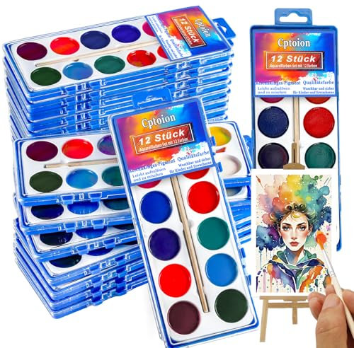 Cptoion 12 Stück Wasserfarben Kinder, 12 Farben Wasserfarbkasten, Wasserfarben Aquarellfarben Set mit Pinsel für Künstler, Schule, Hobbymaler, Kunstunterricht