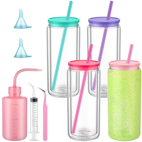 9 Pcs Snow Globe Tumbler Supplies Including 16 oz Plastic Snowglobe Cups with Lids and Straws Squeeze Bottle Bent Spout Syringe Tweezers Funnels for Glitter Snow Globe DIY Craft Gifts(Colorful Cap)