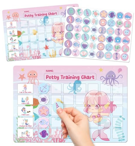 GWHOLE Magnetic Potty Training Chart with 48 Reusable Stickers Mermaids Reward Chart for Toddler Girls Toilet Training Wipe-Clean